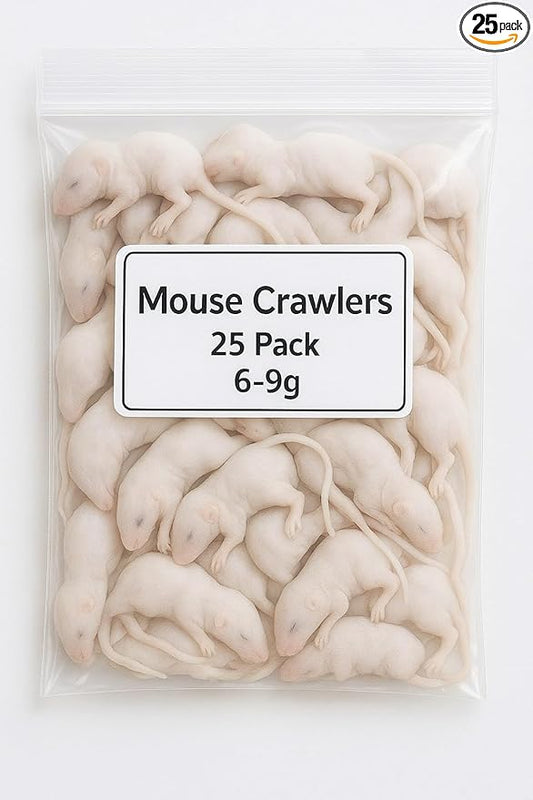 Frozen Mouse Crawlers 6–9g – 25 Pack | Premium Feeder Mice for Snakes, Reptiles & Birds of Prey | Fast-Frozen, Nutrition