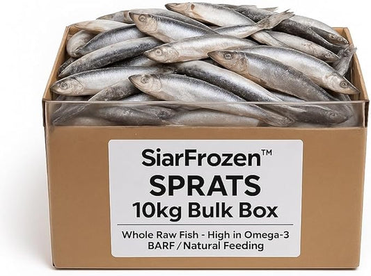 SiarFrozen™ Sprats 10kg Bulk Box – Whole Raw Fish – Raw Dog & Cat Food – High in Omega-3 – BARF/Natural Feeding Size 8-11cm