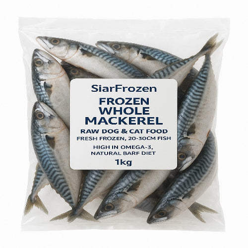 SiarFrozen™ Whole Mackerel 1kg – Fresh Frozen 20–30cm Fish – Raw Dog & Cat Food – Omega-3 Rich BARF Diet
